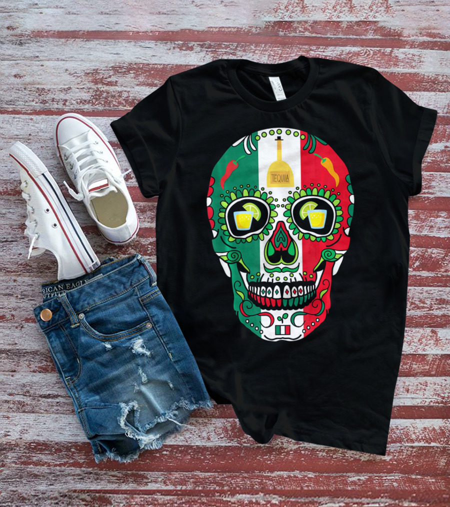 Mexican Cinco De Mayo Tequila Skull With Flag Colors And Chili Peppers T-Shirt