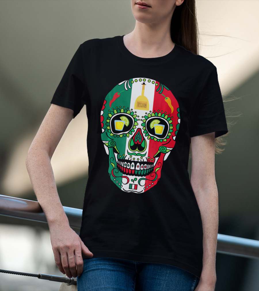 Mexican Cinco De Mayo Tequila Skull With Flag Colors And Chili Peppers T-Shirt