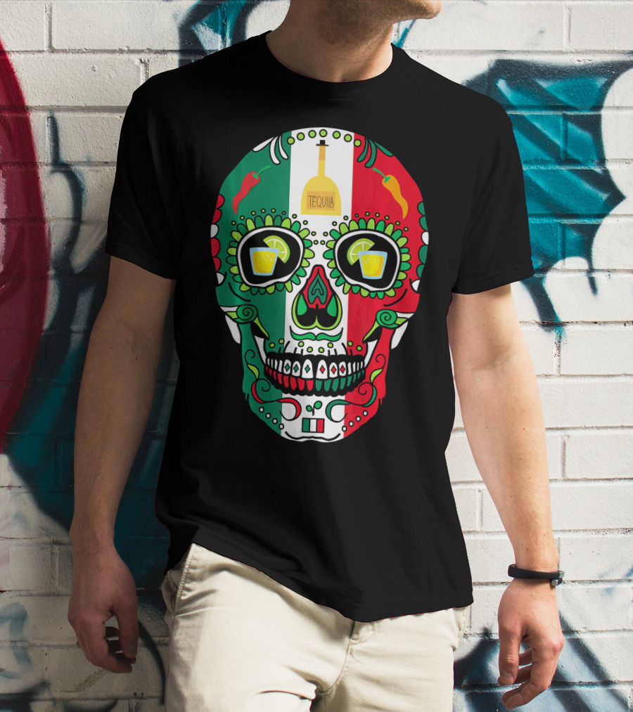 Mexican Cinco De Mayo Tequila Skull With Flag Colors And Chili Peppers T-Shirt