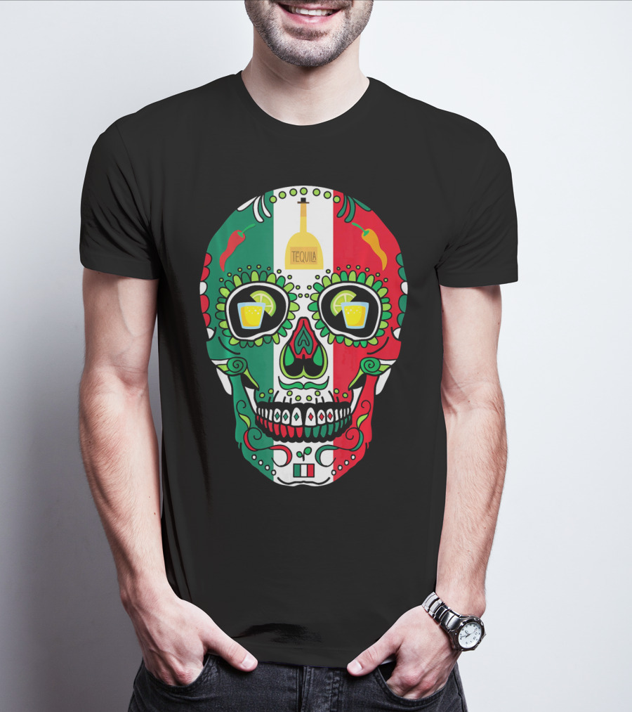 Mexican Cinco De Mayo Tequila Skull With Flag Colors And Chili Peppers T-Shirt