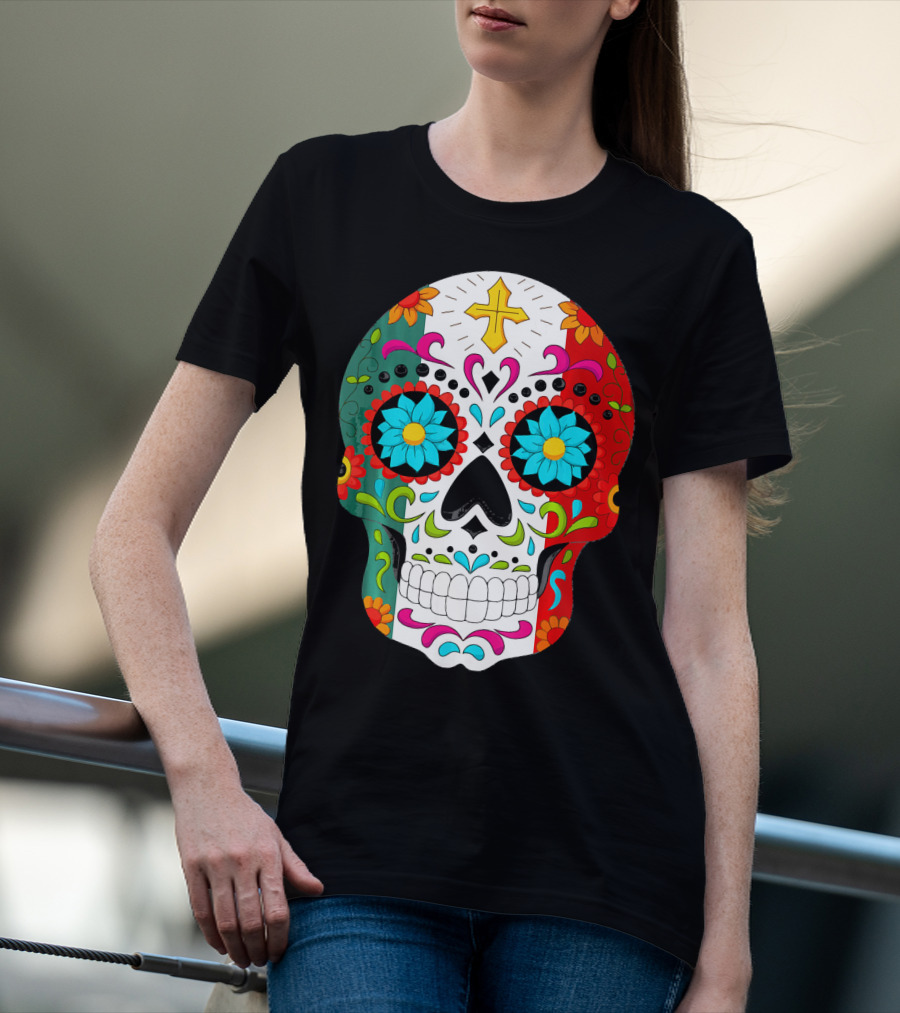 Day Of The Dead Sugar Skull Cinco De Mayo Mexican Flag Colors T-Shirt