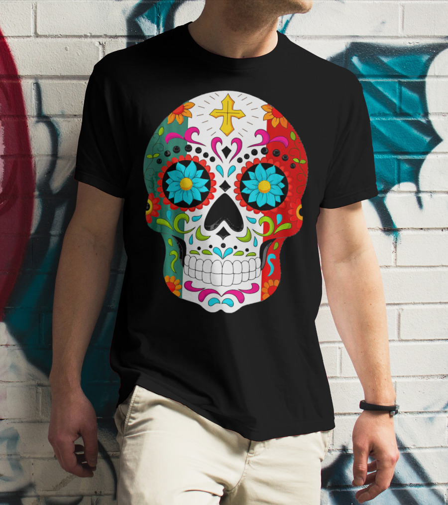 Day Of The Dead Sugar Skull Cinco De Mayo Mexican Flag Colors T-Shirt