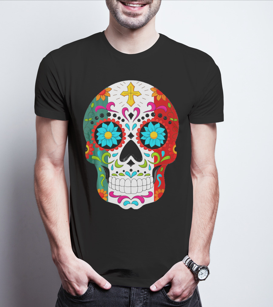 Day Of The Dead Sugar Skull Cinco De Mayo Mexican Flag Colors T-Shirt