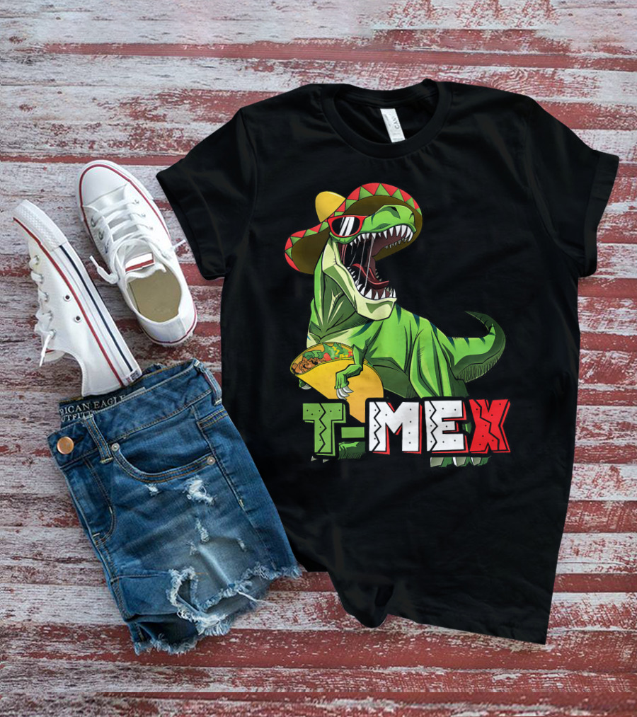 T-Mex Dinosaur Taco Holding Sombrero Sunglasses Kids Taco Tuesday Cinco T-Shirt