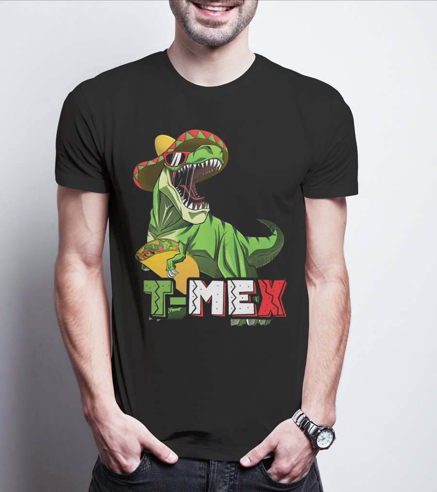 T-Mex Dinosaur Taco Holding Sombrero Sunglasses Kids Taco Tuesday Cinco T-Shirt