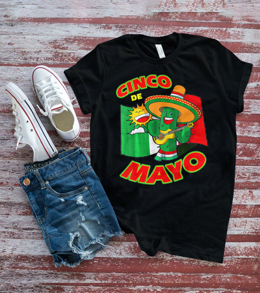 Cinco De Mayo Fiesta Cactus Sombrero Guitar Mexican Flag T-Shirt