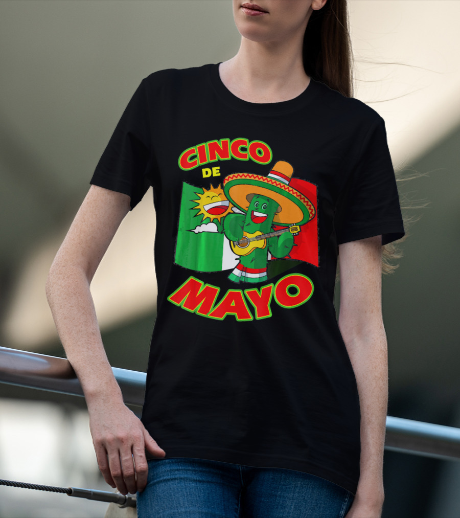 Cinco De Mayo Fiesta Cactus Sombrero Guitar Mexican Flag T-Shirt