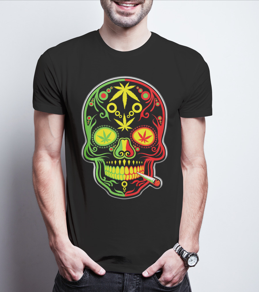 Weed Sugar Skull Marijuana Canna Rasta Colors T-Shirt