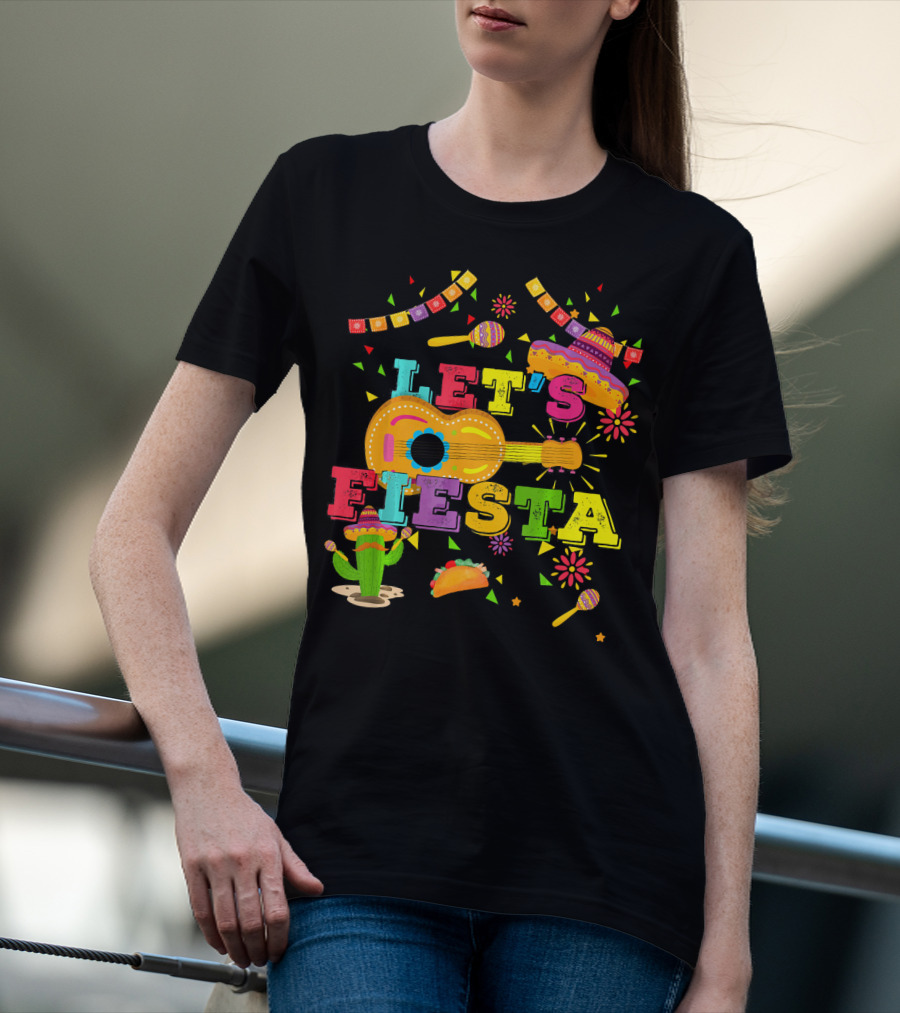 Let's Fiesta Cinco De Mayo Mexican Celebration Guitar Sombrero Maracas Taco Cactus Decorations T-Shirt