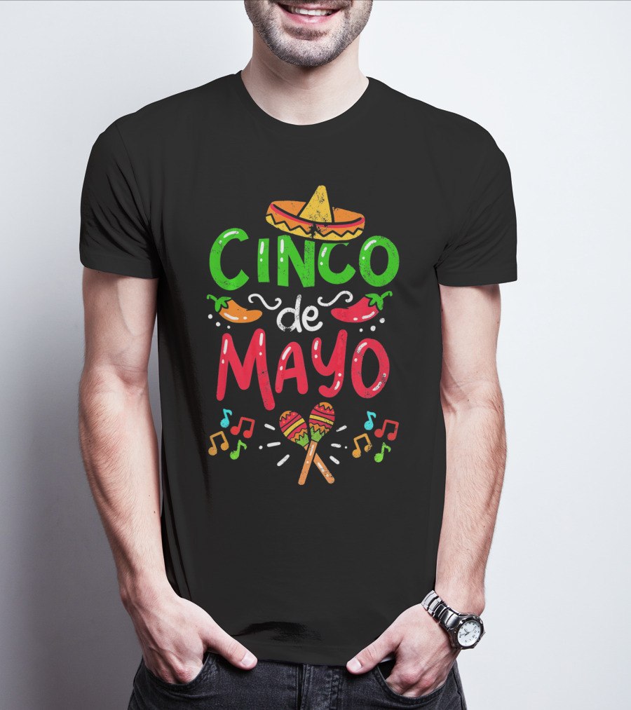 Cinco De Mayo Mexico Sombrero Maracas Peppers Music Notes T-Shirt