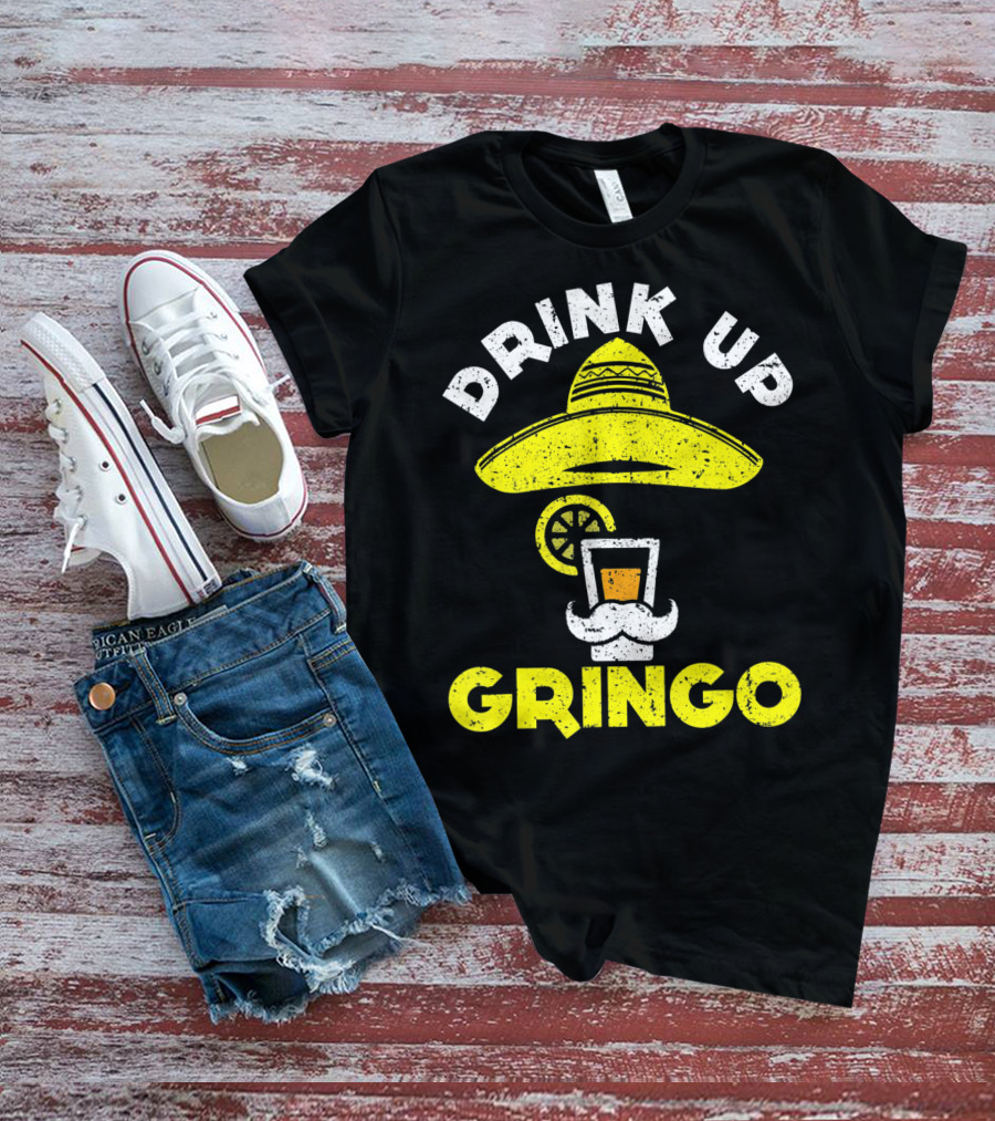 Drink Up Gringo Sombrero Beer Mustache Lime T-Shirt