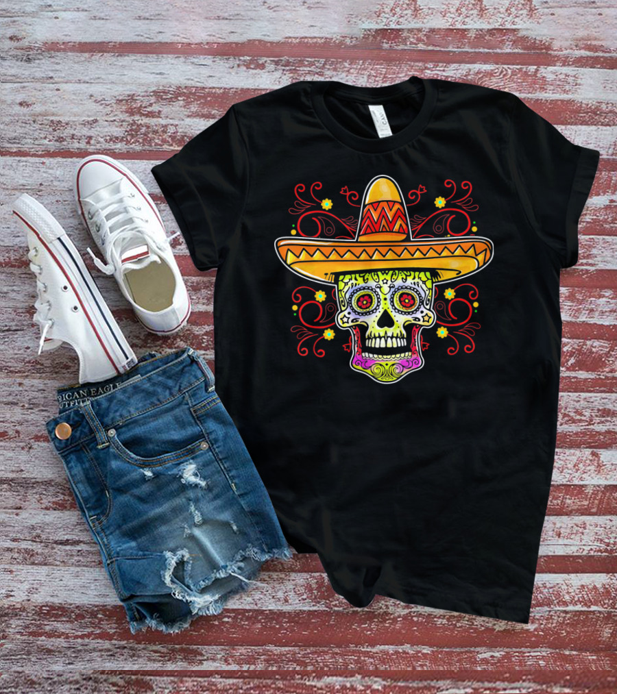 Sugar Skull Sombrero Colorful Floral T-Shirt