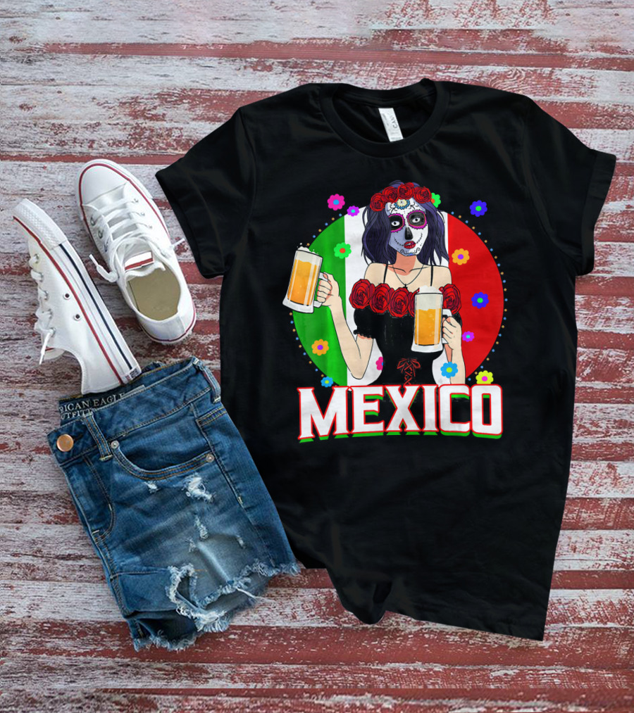 Cinco De Mayo Sugar Skull Woman Holding Beers Mexico Flag T-Shirt