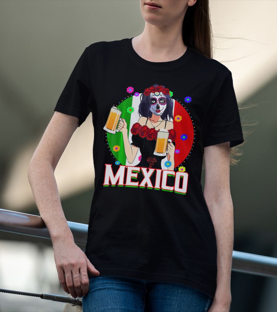 Cinco De Mayo Sugar Skull Woman Holding Beers Mexico Flag T-Shirt