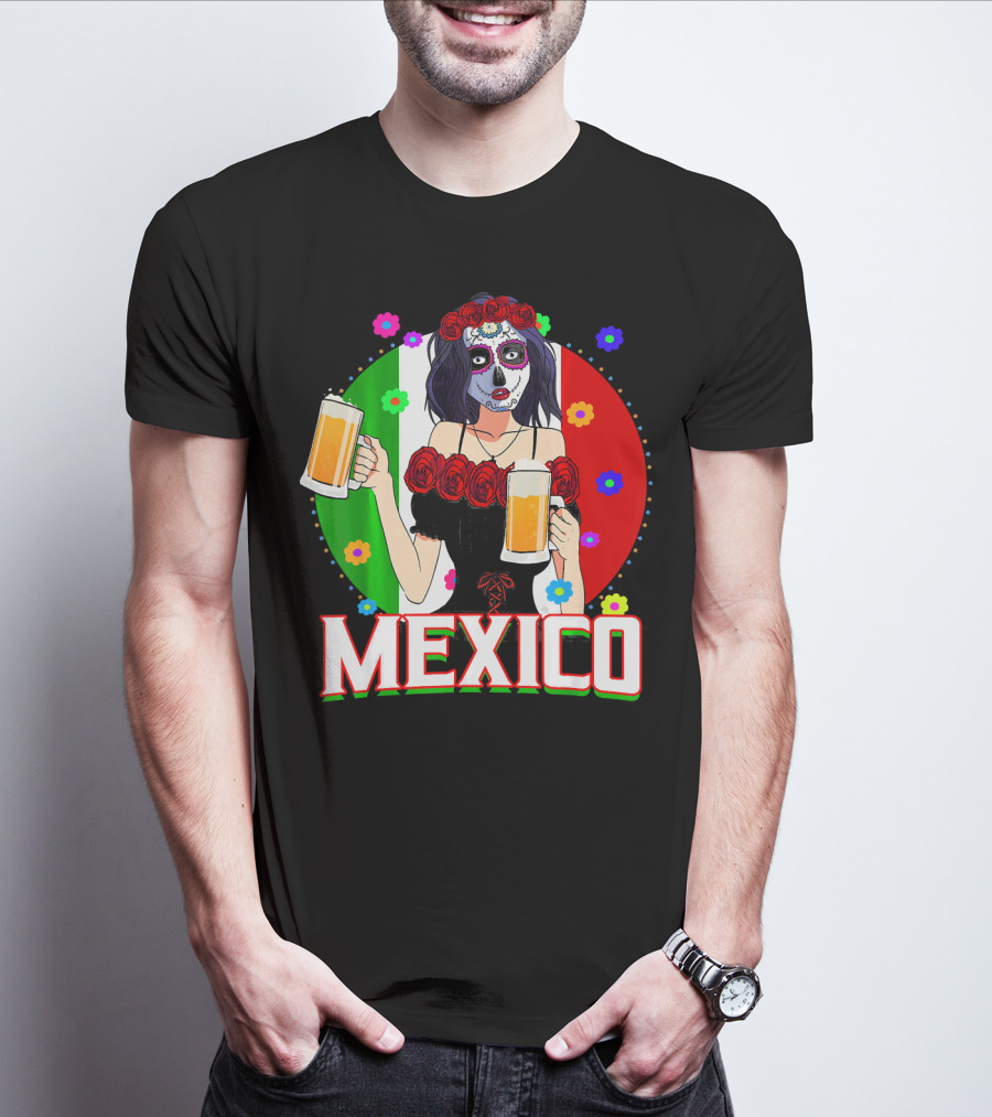Cinco De Mayo Sugar Skull Woman Holding Beers Mexico Flag T-Shirt