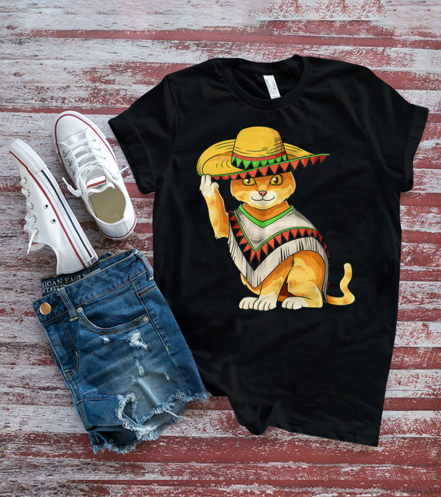 Mexican Cat Cinco De Mayo Cat Poncho Sombrero Fiesta T-Shirt