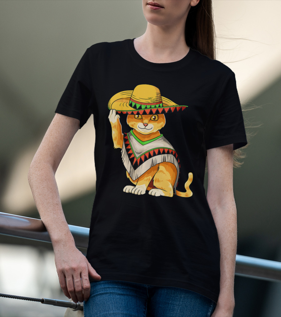 Mexican Cat Cinco De Mayo Cat Poncho Sombrero Fiesta T-Shirt