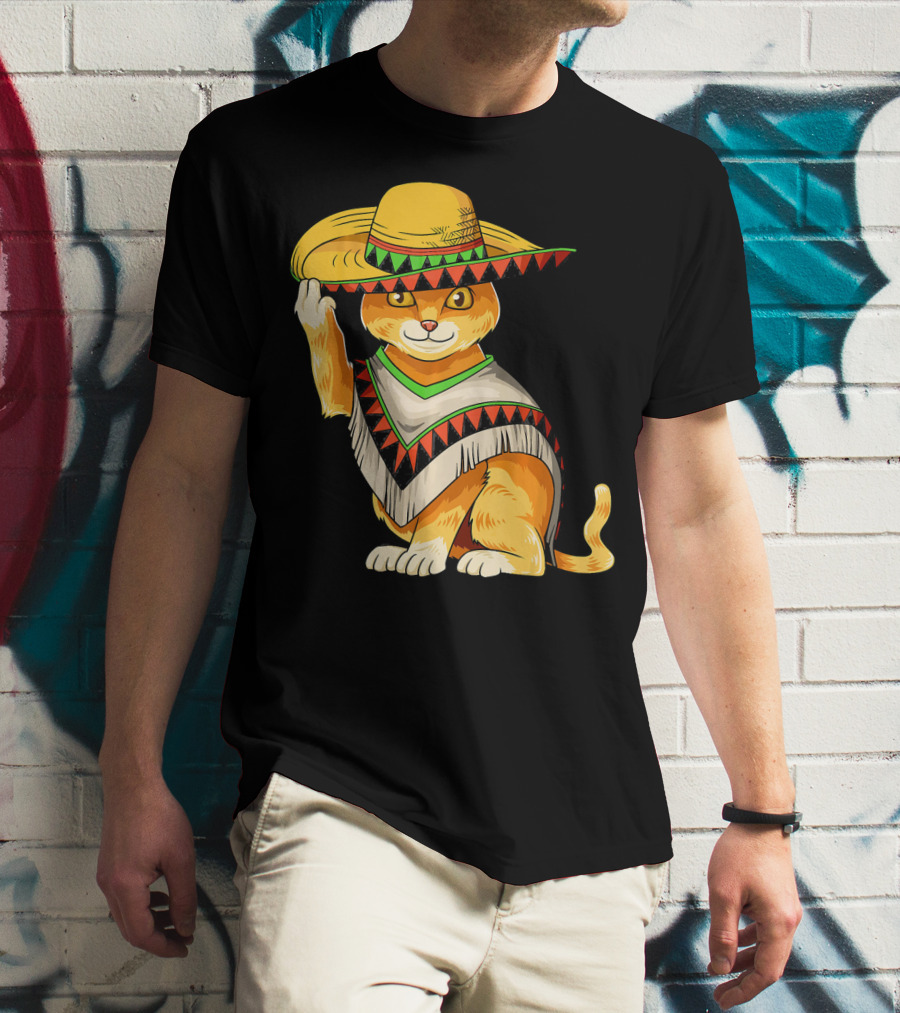 Mexican Cat Cinco De Mayo Cat Poncho Sombrero Fiesta T-Shirt