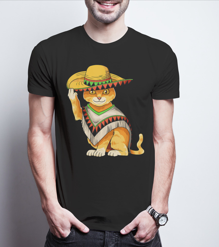 Mexican Cat Cinco De Mayo Cat Poncho Sombrero Fiesta T-Shirt