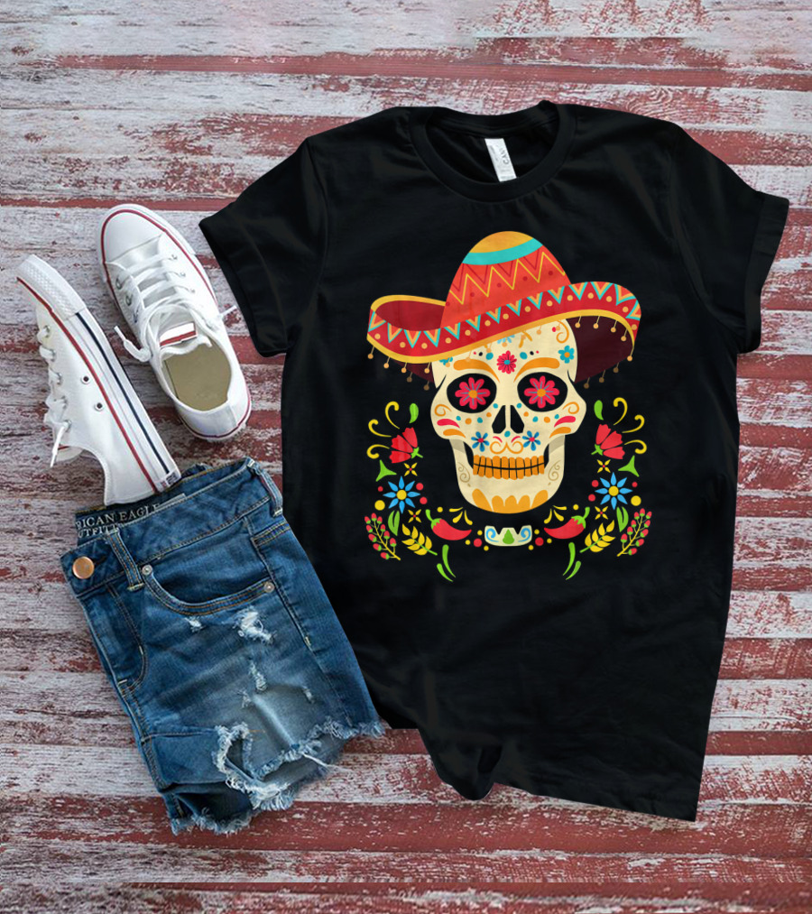Day Of The Dead Skull Cinco De Mayo Sombrero Floral Fiesta T-Shirt