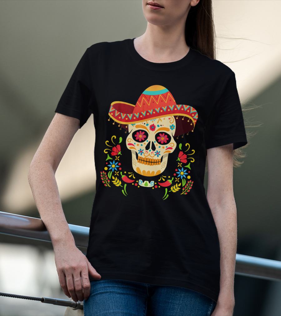 Day Of The Dead Skull Cinco De Mayo Sombrero Floral Fiesta T-Shirt