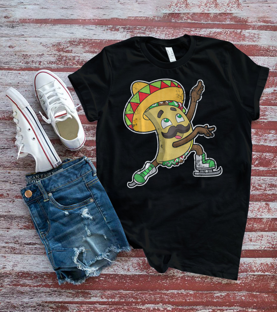 Taco Ice Skating Sombrero Cinco De Mayo T-Shirt