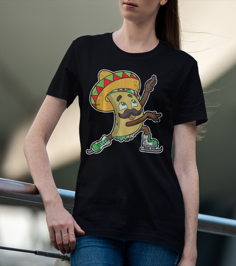 Taco Ice Skating Sombrero Cinco De Mayo T-Shirt