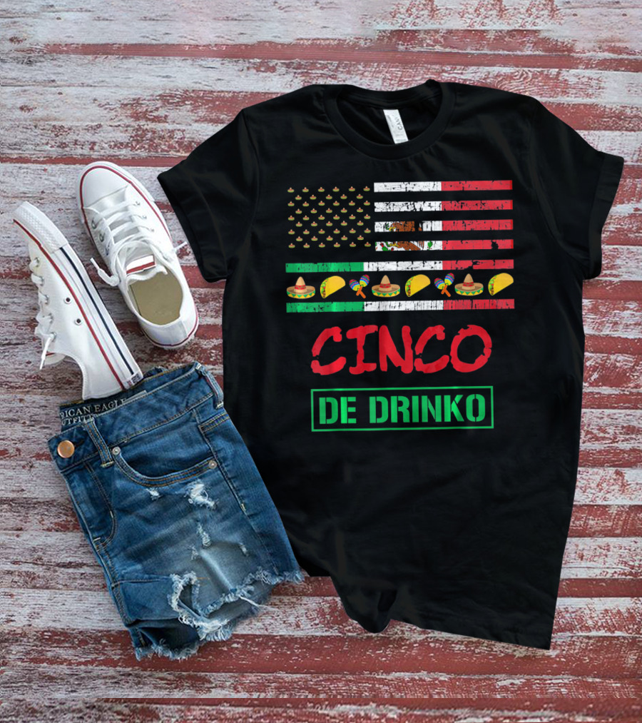 Cinco De Drinko Funny Mexico Flag Sombrero Taco Maracas Icons T-Shirt