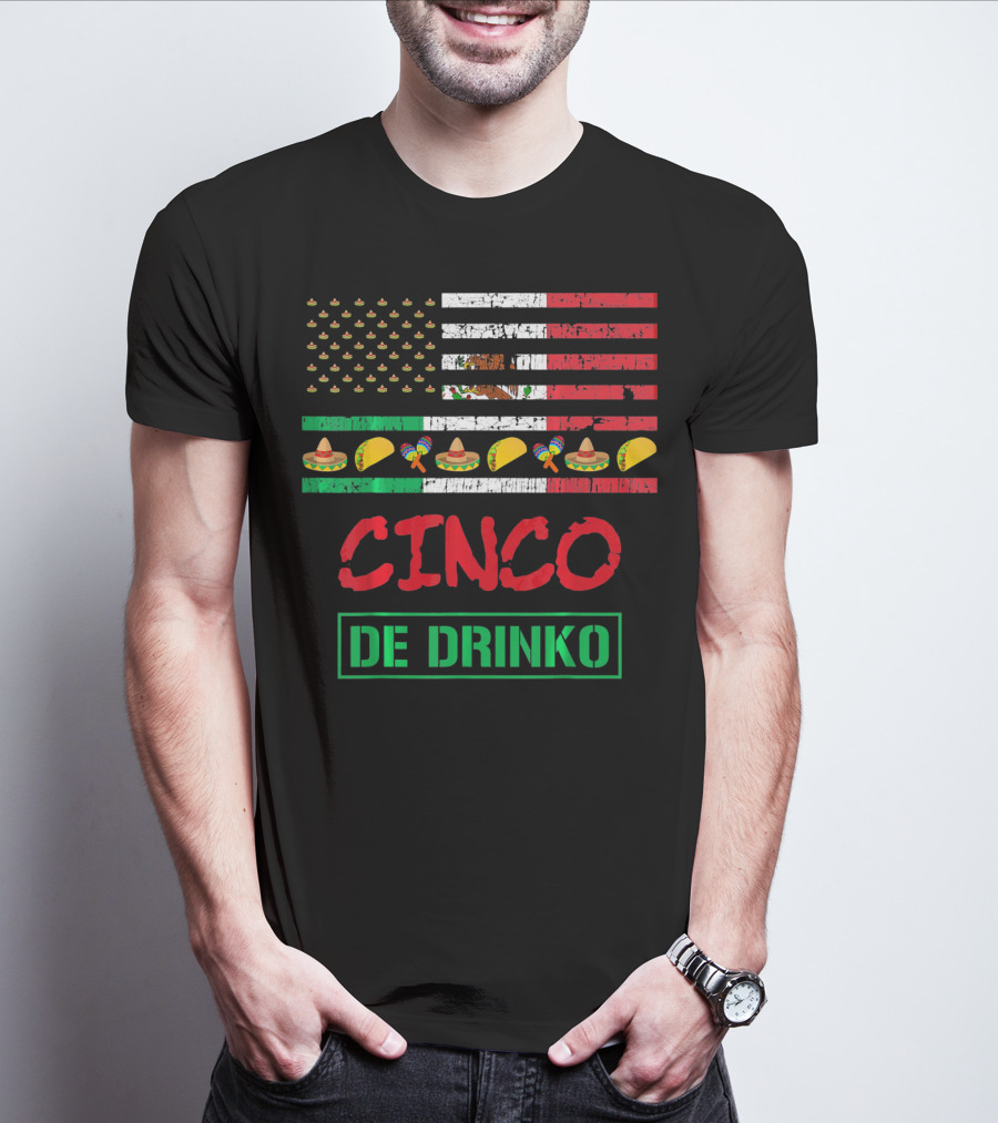 Cinco De Drinko Funny Mexico Flag Sombrero Taco Maracas Icons T-Shirt