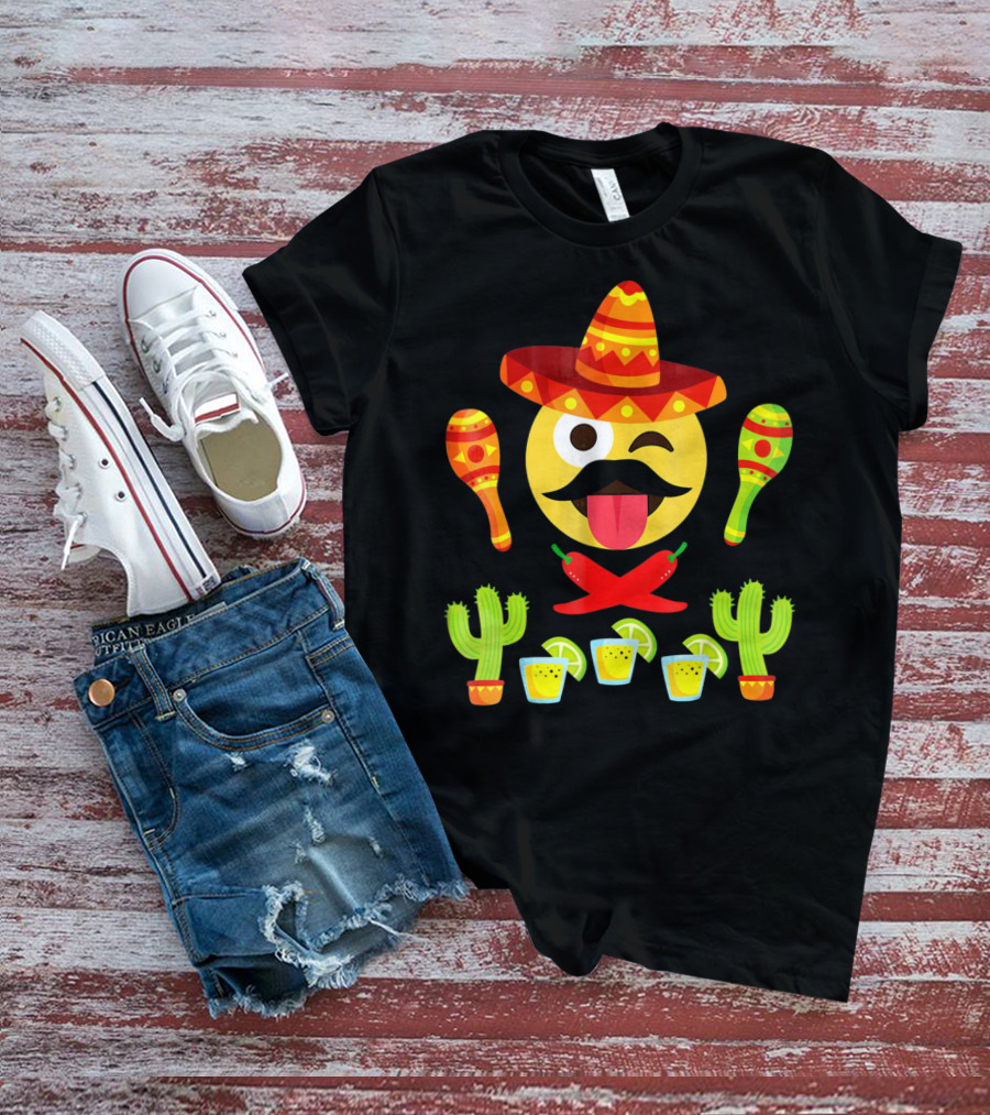 Cinco De Mayo Winking Emoji Sombrero Maracas Cactus Tequila Peppers T-Shirt