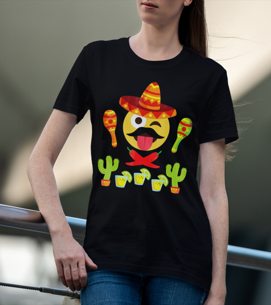 Cinco De Mayo Winking Emoji Sombrero Maracas Cactus Tequila Peppers T-Shirt