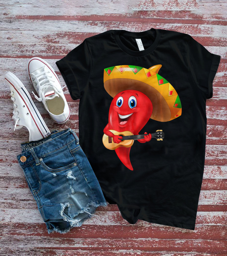 Cute Chili Pepper Wearing Sombrero Playing Guitar Mexico T-Shirt
