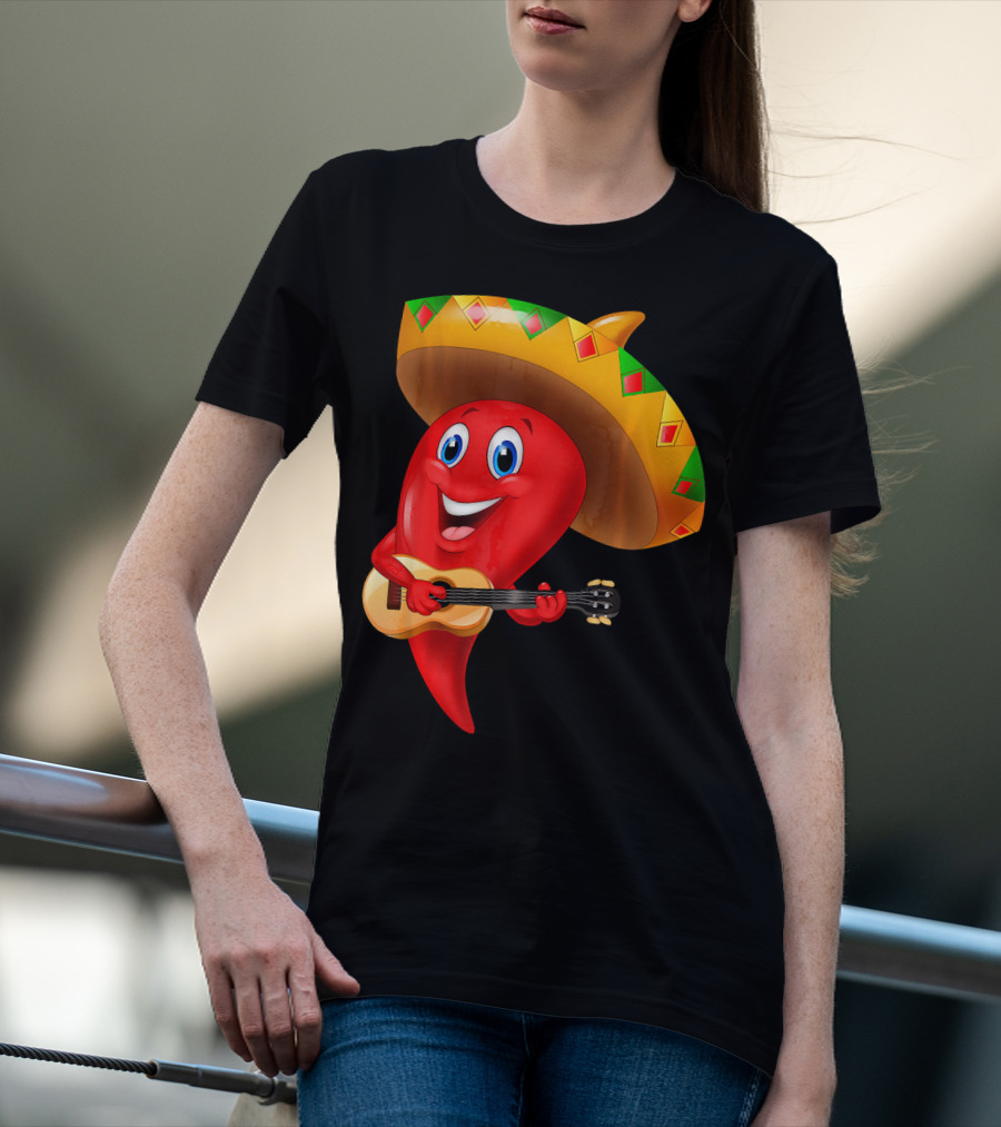 Cute Chili Pepper Wearing Sombrero Playing Guitar Mexico T-Shirt