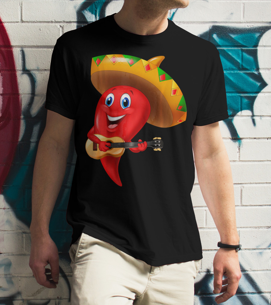 Cute Chili Pepper Wearing Sombrero Playing Guitar Mexico T-Shirt