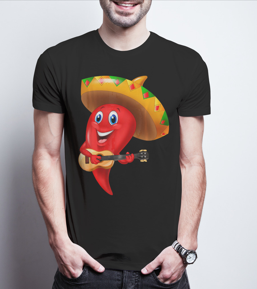Cute Chili Pepper Wearing Sombrero Playing Guitar Mexico T-Shirt