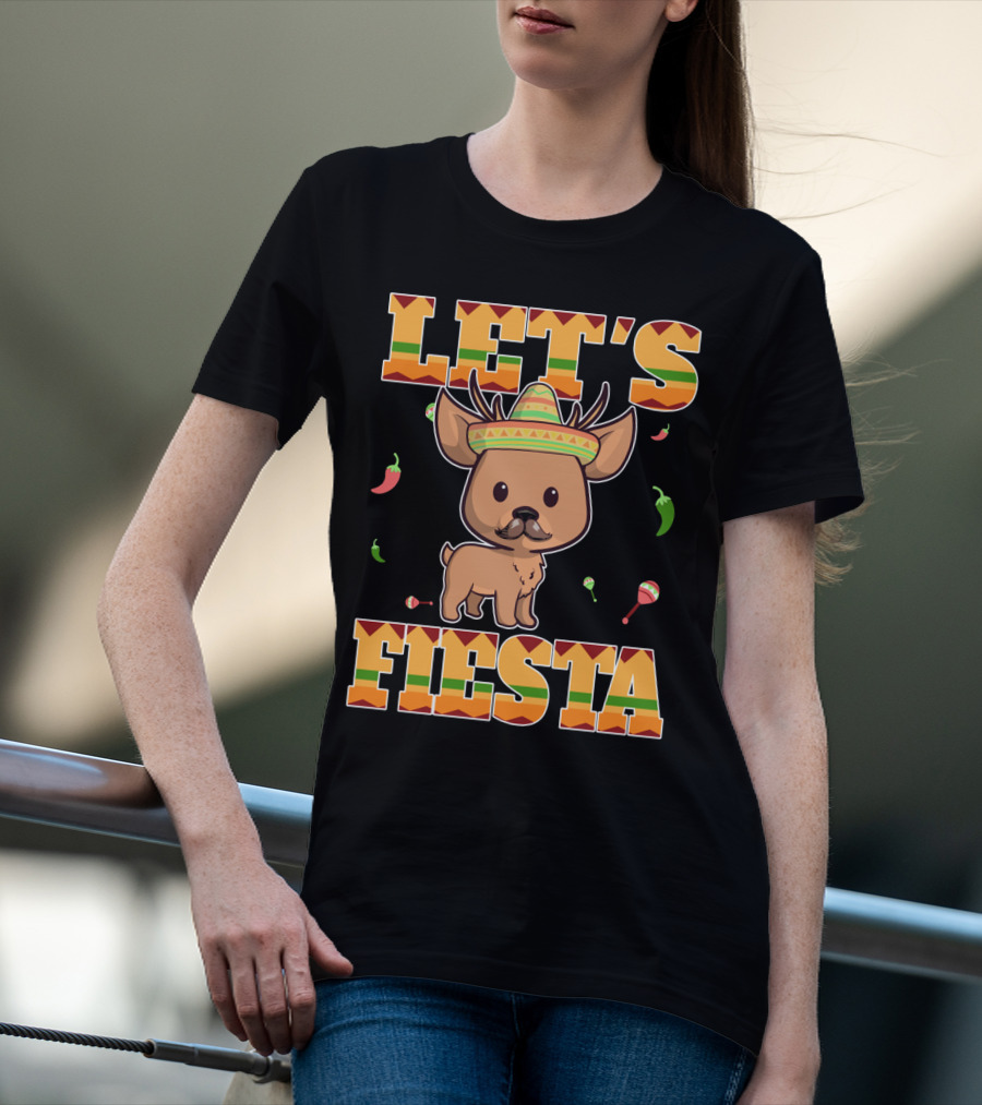 Let's Fiesta Deer Cinco De Mayo Mexican Sombrero Peppers Maracas T-Shirt