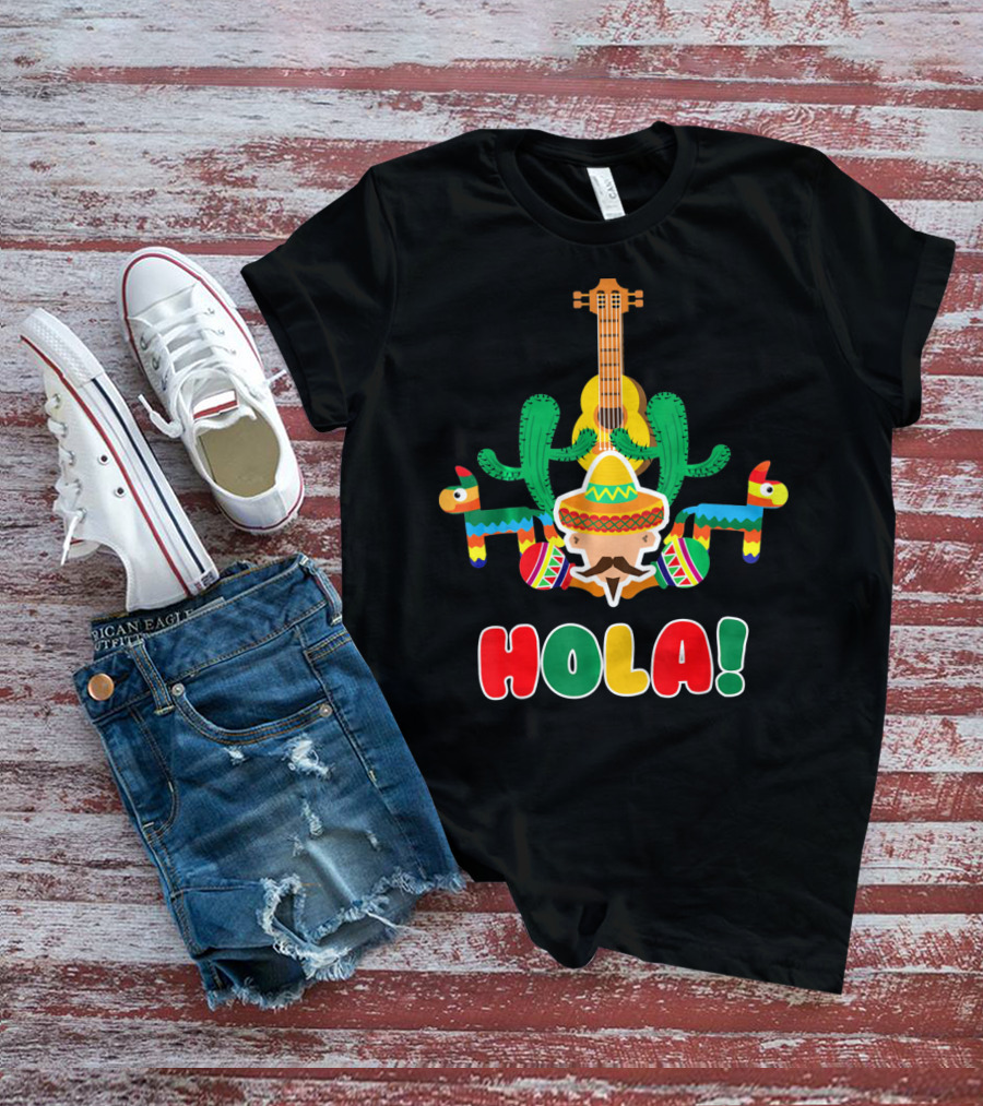 Hola Mexican Sombrero Guitar Cactus Piñata Fiesta T-Shirt