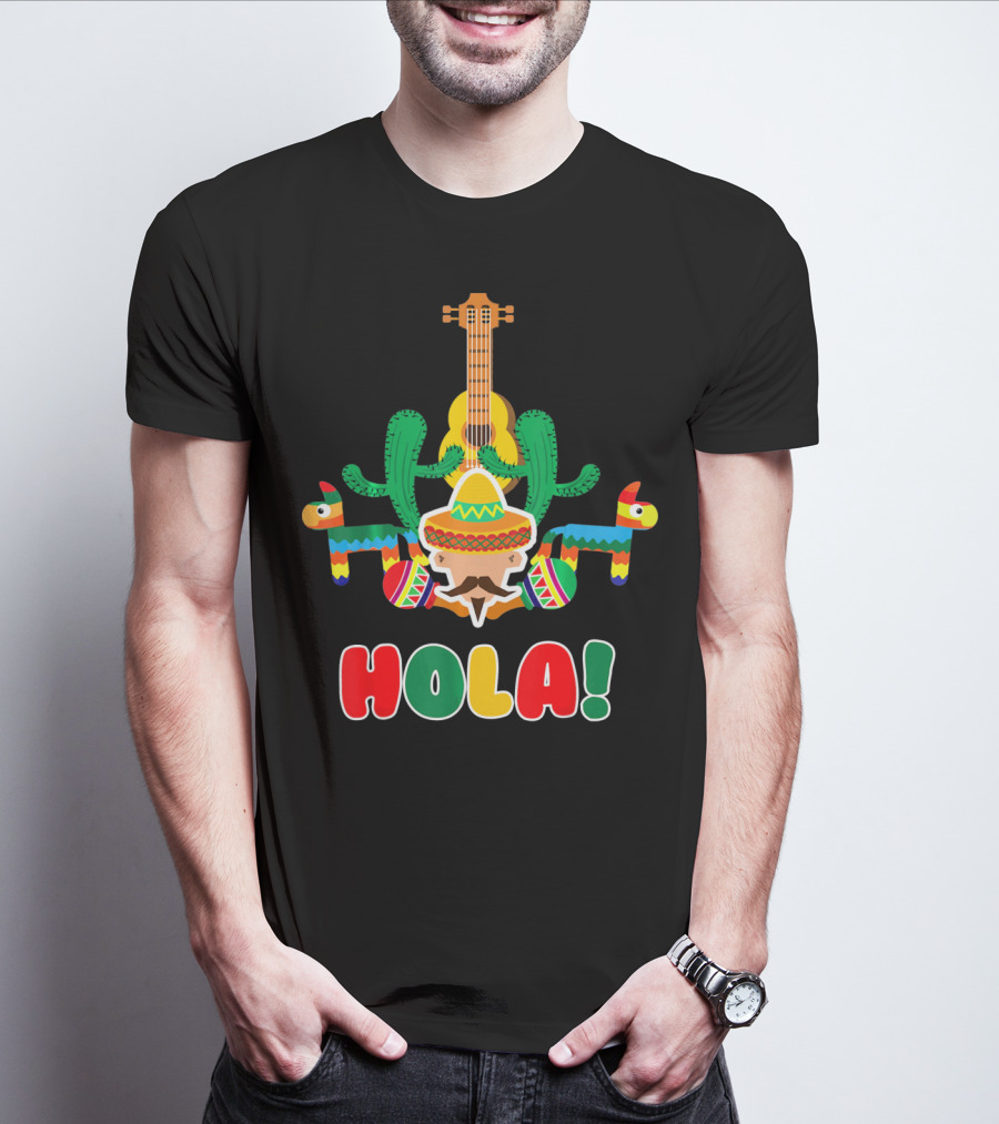 Hola Mexican Sombrero Guitar Cactus Piñata Fiesta T-Shirt