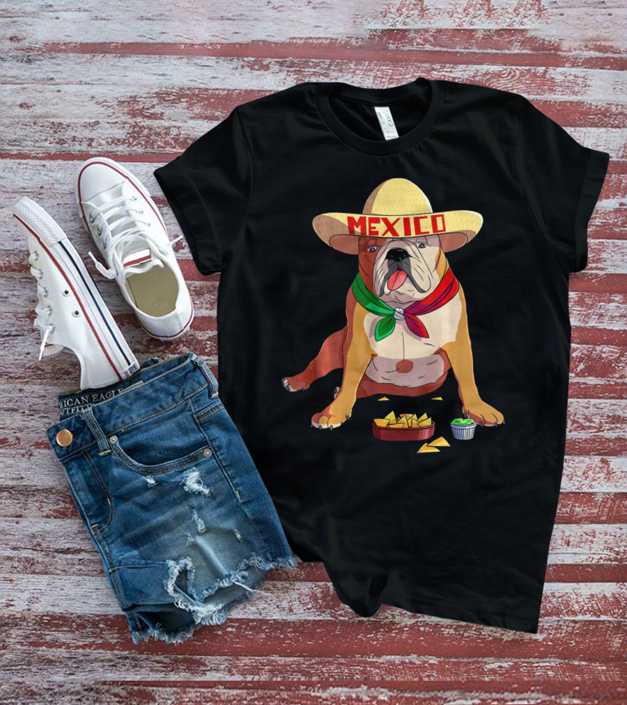 Cinco De Mayo Mexican Bulldog Wearing Sombrero With Chips And Salsa T-Shirt