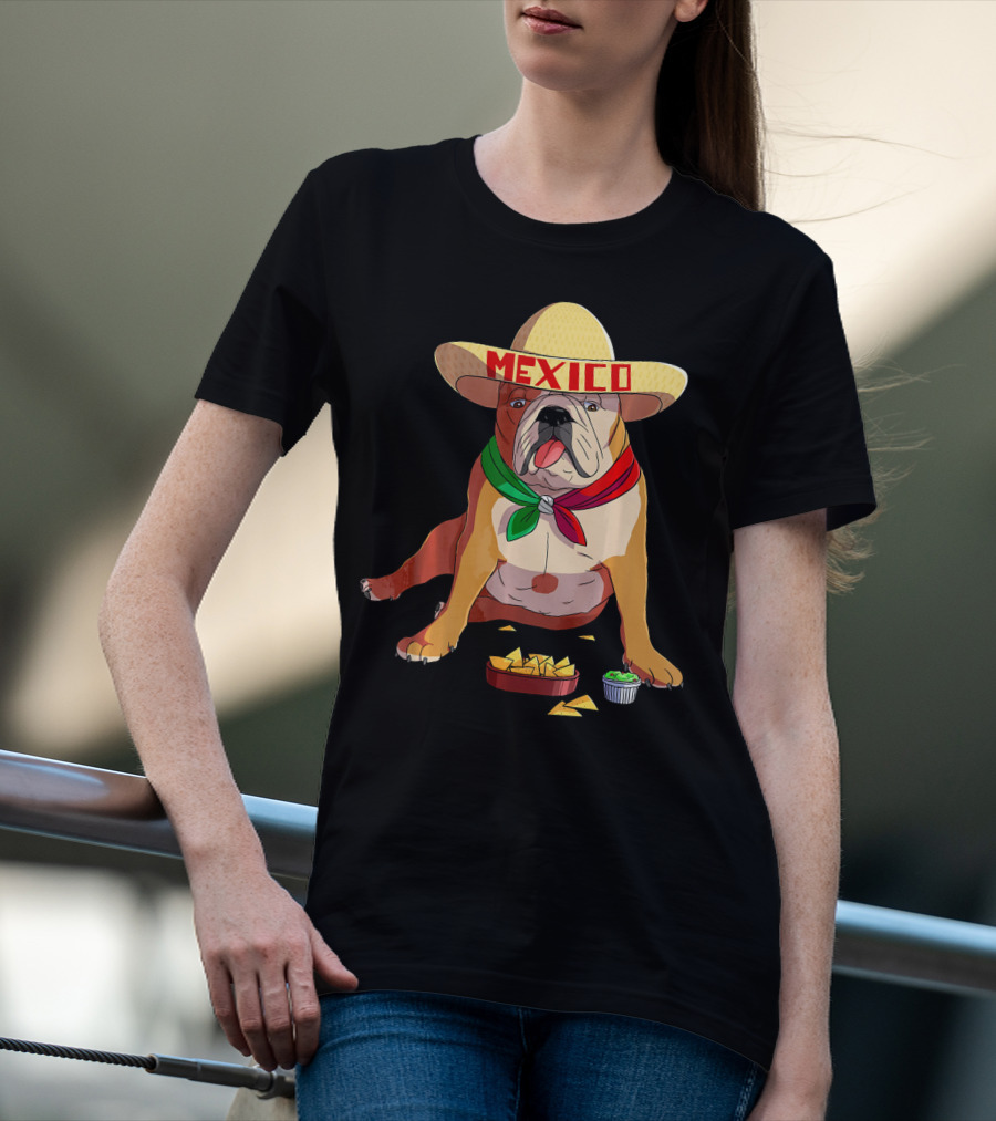 Cinco De Mayo Mexican Bulldog Wearing Sombrero With Chips And Salsa T-Shirt