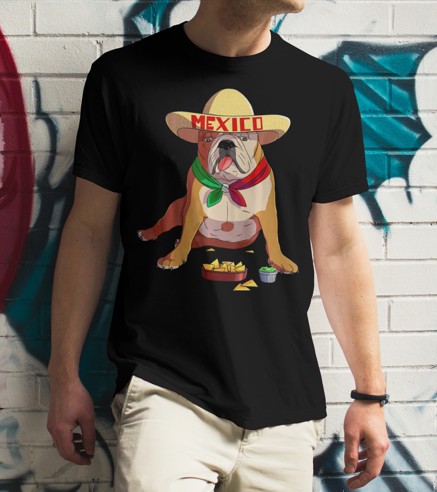 Cinco De Mayo Mexican Bulldog Wearing Sombrero With Chips And Salsa T-Shirt