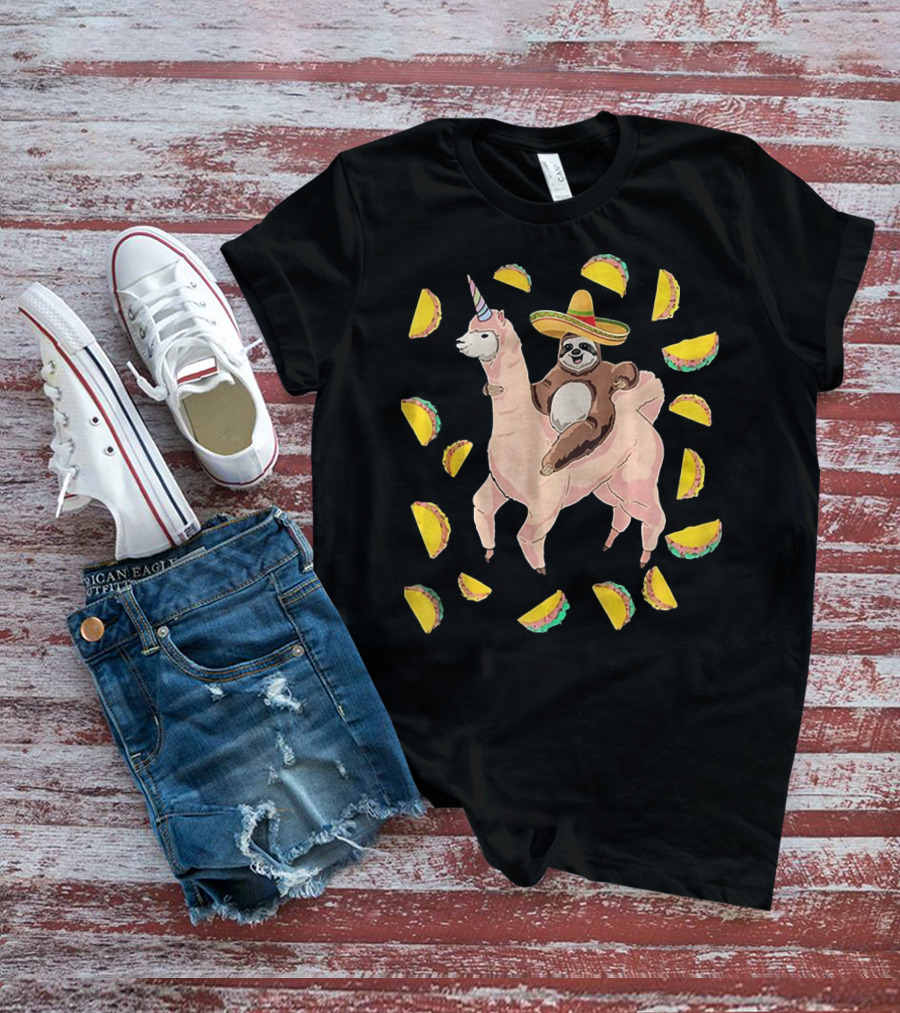 Cinco De Mayo Llamacorn With Sombrero-Wearing Sloth Surrounded By Tacos T-Shirt