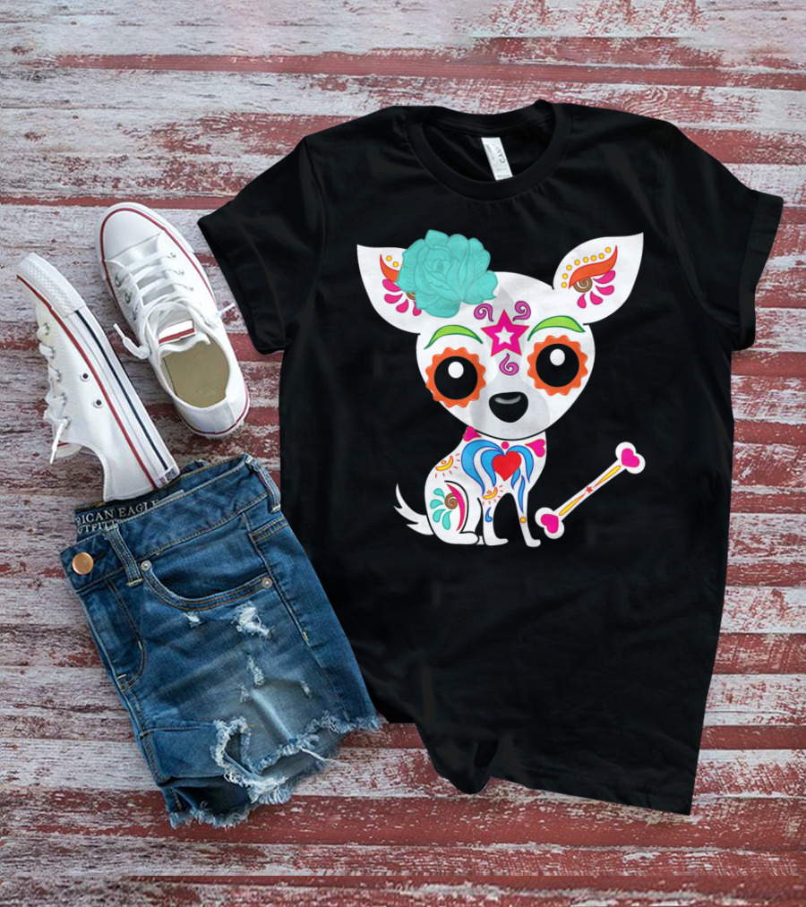 Cinco De Mayo Sugar Skull Chihuahua With Floral Bone And Colorful Flower T-Shirt