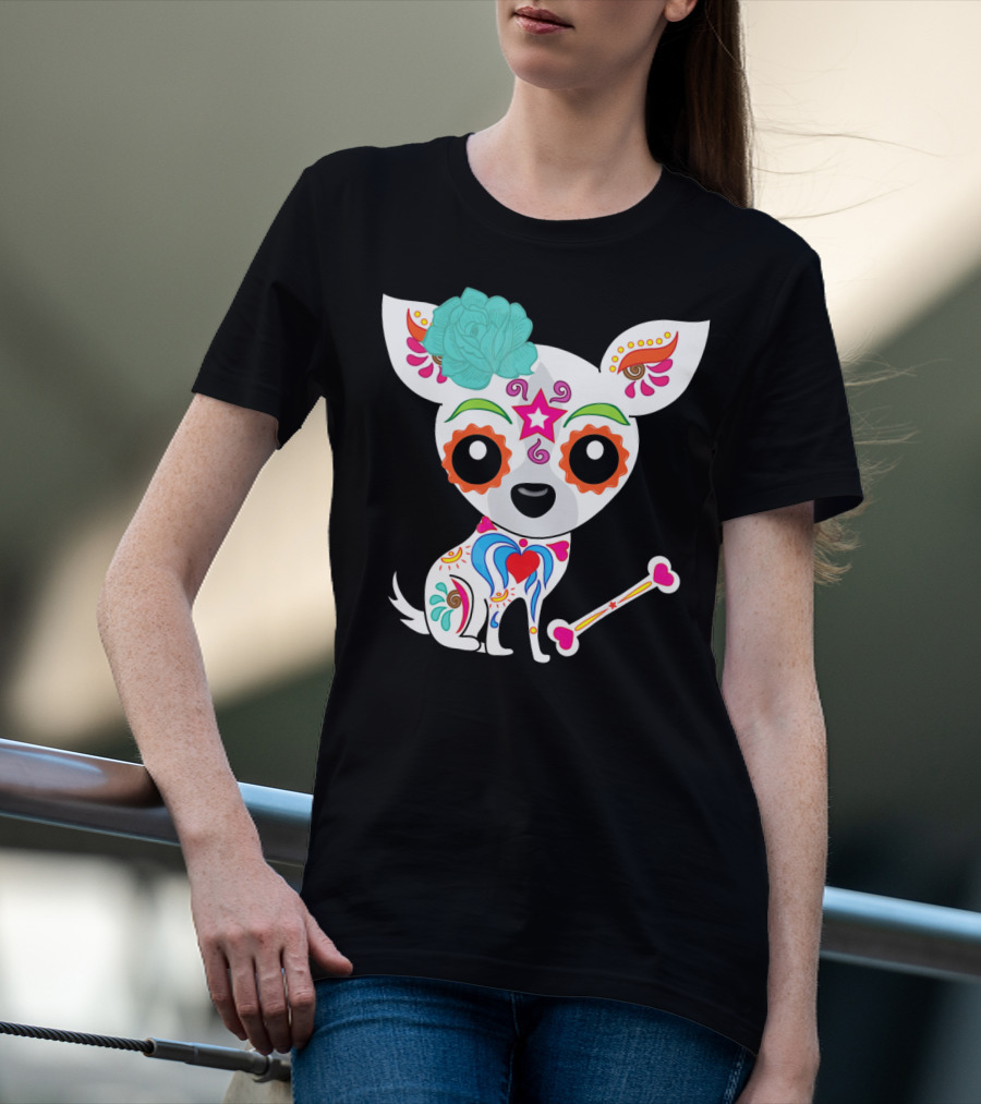 Cinco De Mayo Sugar Skull Chihuahua With Floral Bone And Colorful Flower T-Shirt