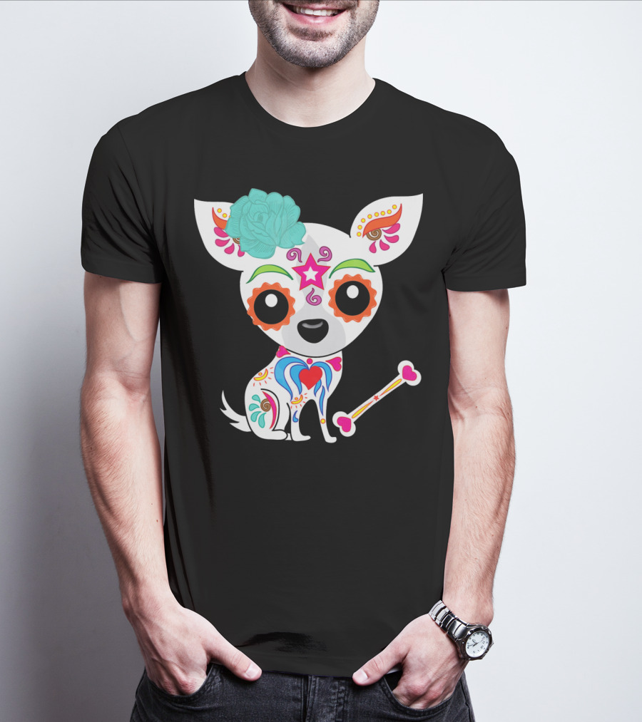 Cinco De Mayo Sugar Skull Chihuahua With Floral Bone And Colorful Flower T-Shirt