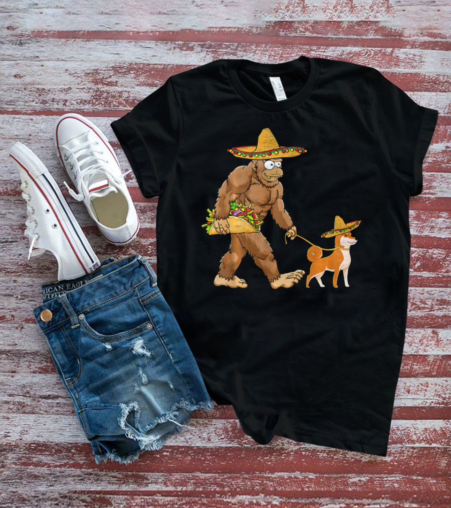 Bigfoot Taco Sombrero Shiba Inu Dog Cinc Walking Cartoon T-Shirt