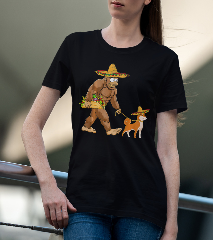 Bigfoot Taco Sombrero Shiba Inu Dog Cinc Walking Cartoon T-Shirt