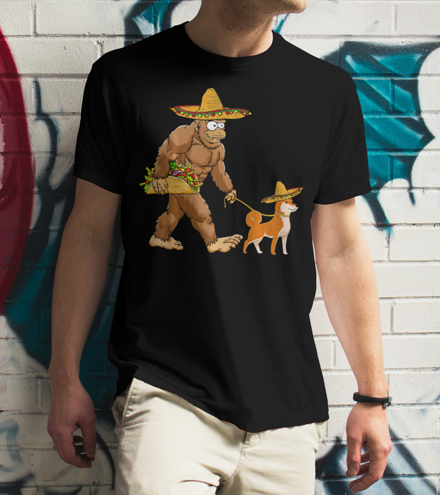 Bigfoot Taco Sombrero Shiba Inu Dog Cinc Walking Cartoon T-Shirt