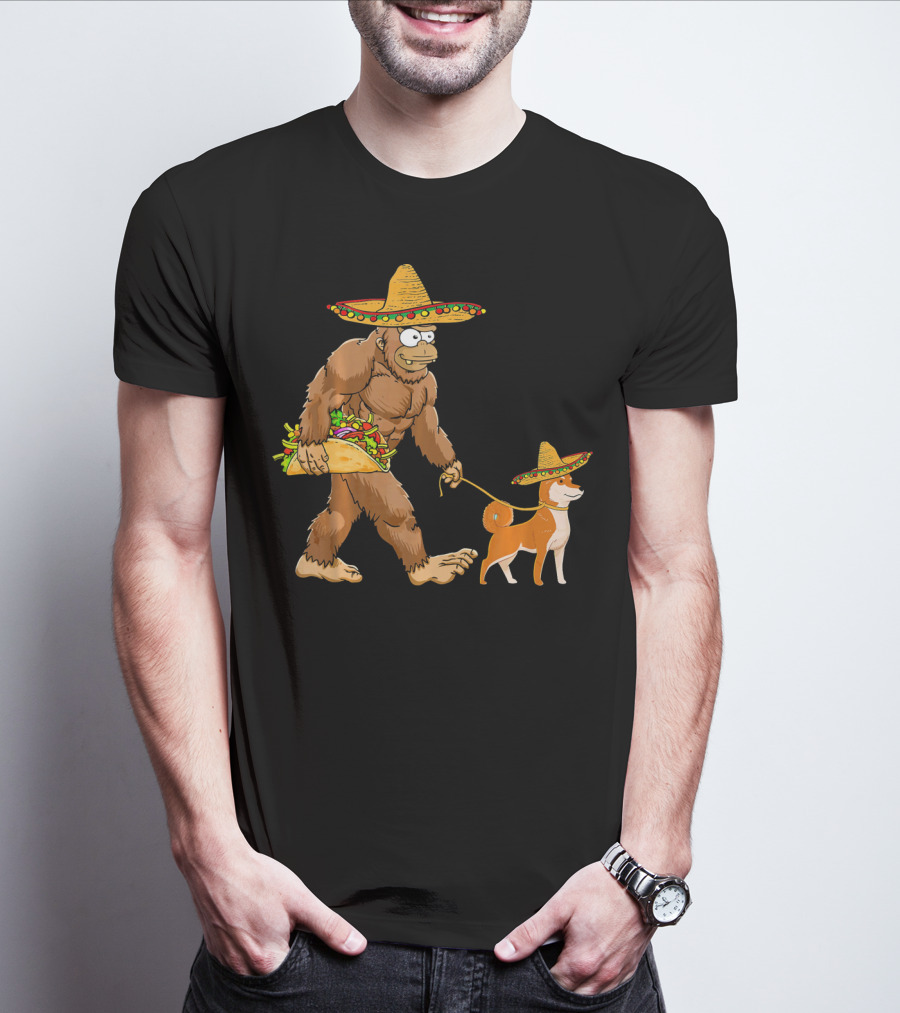 Bigfoot Taco Sombrero Shiba Inu Dog Cinc Walking Cartoon T-Shirt