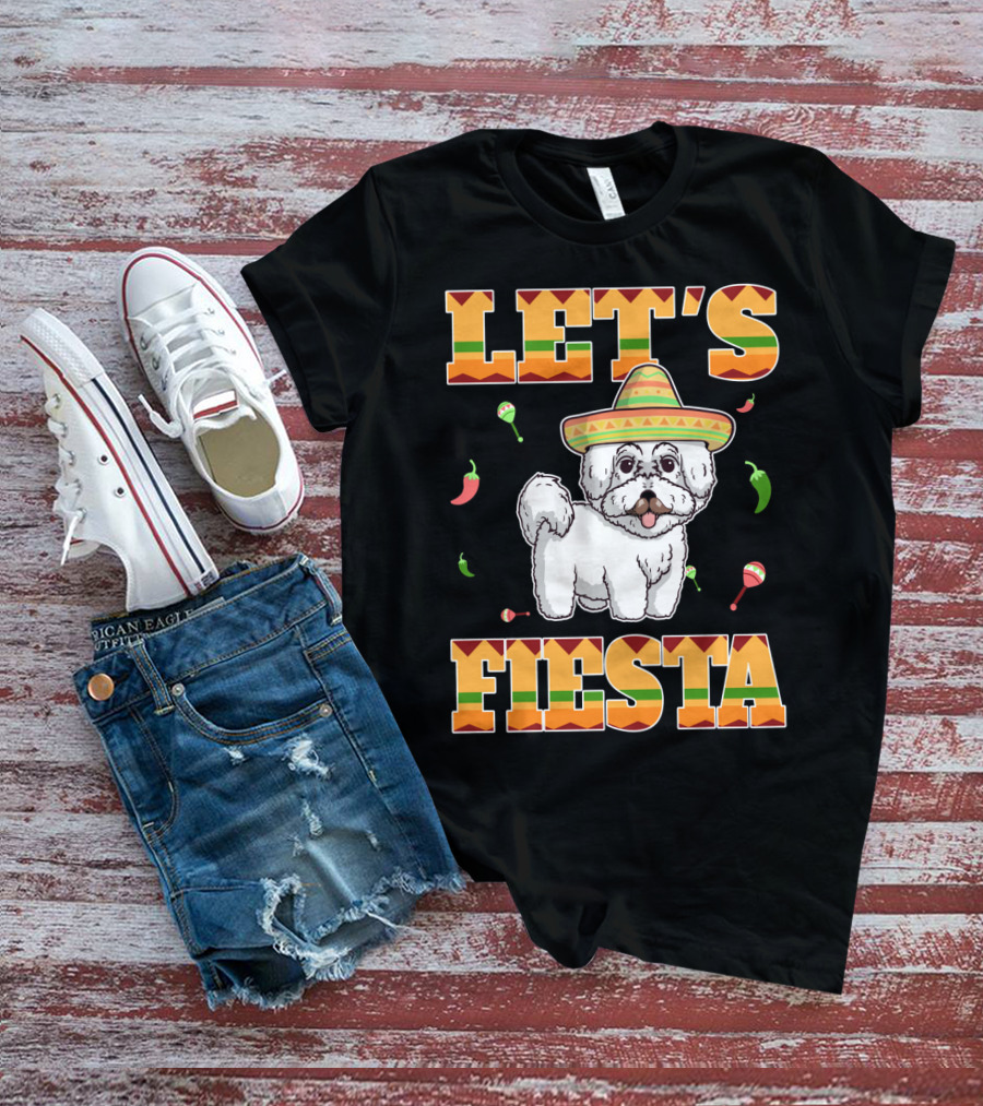 Let's Fiesta Bichon Frise Dog Cinco De Mayo Sombrero Peppers Maracas T-Shirt